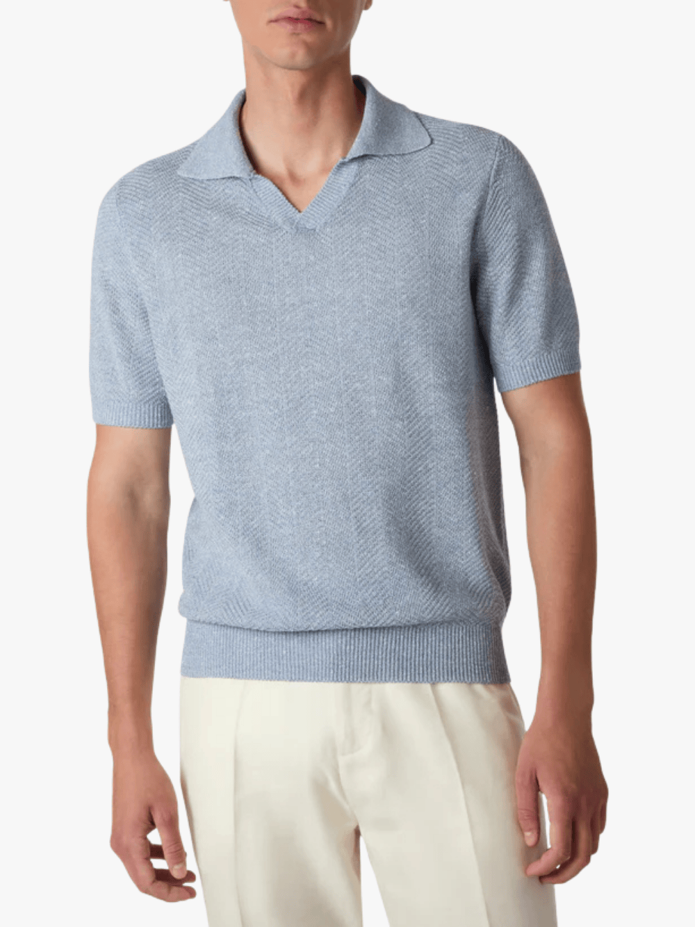 Brett Johnson Linen Silk Herringbone V-Neck Polo Ocean Herren