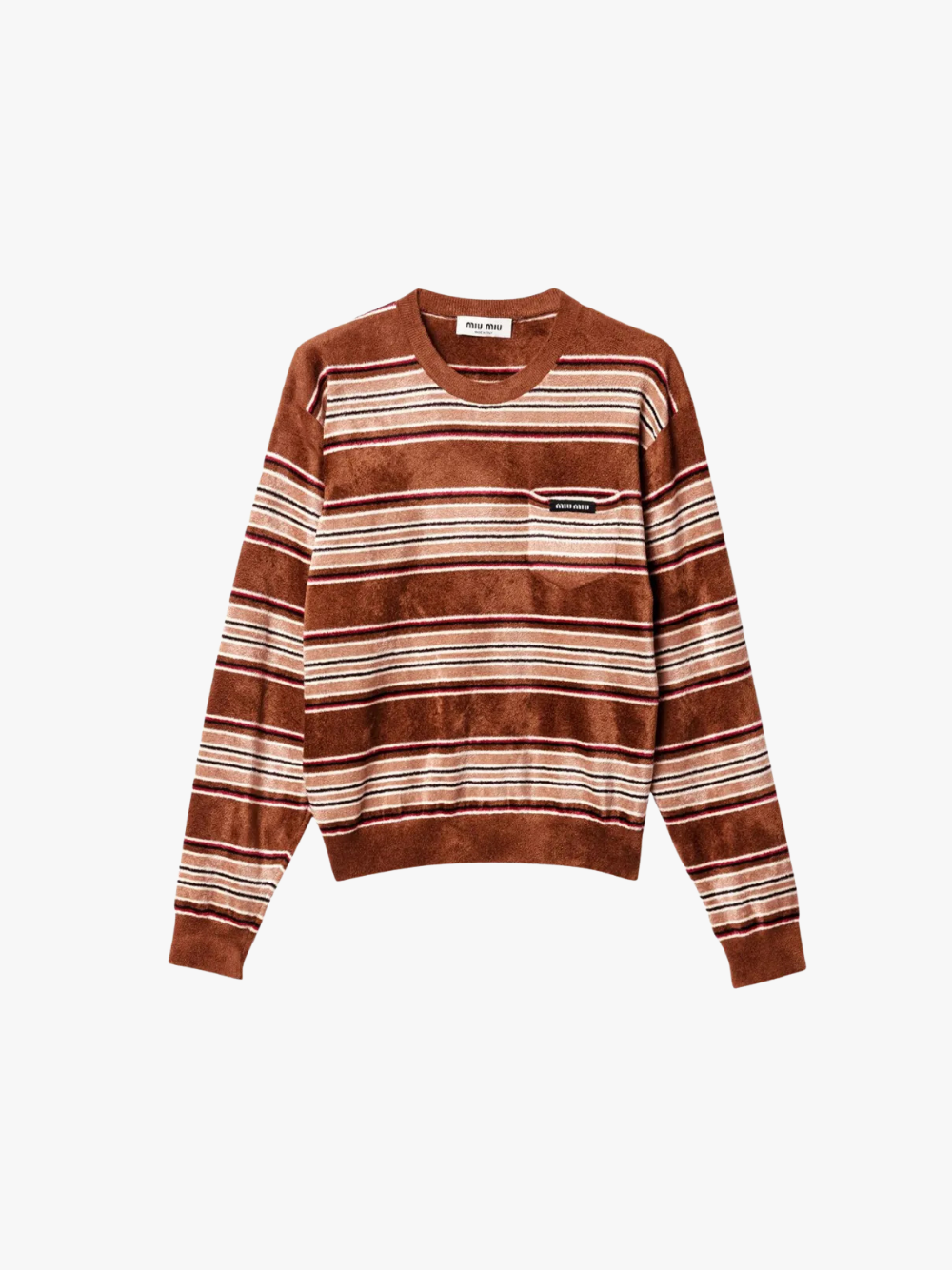 Miu Miu Gestreifter Pullover aus Chenille mit aufgesetzter Tasche Braun Damen