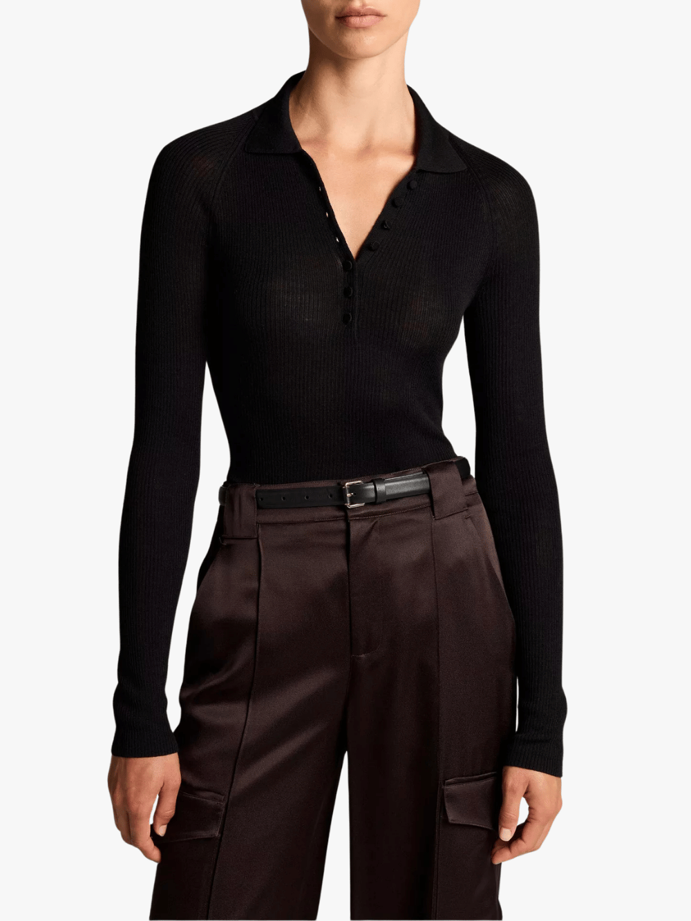 Vince Ribbed Italian Wool-Silk Polo Sweater Black Women