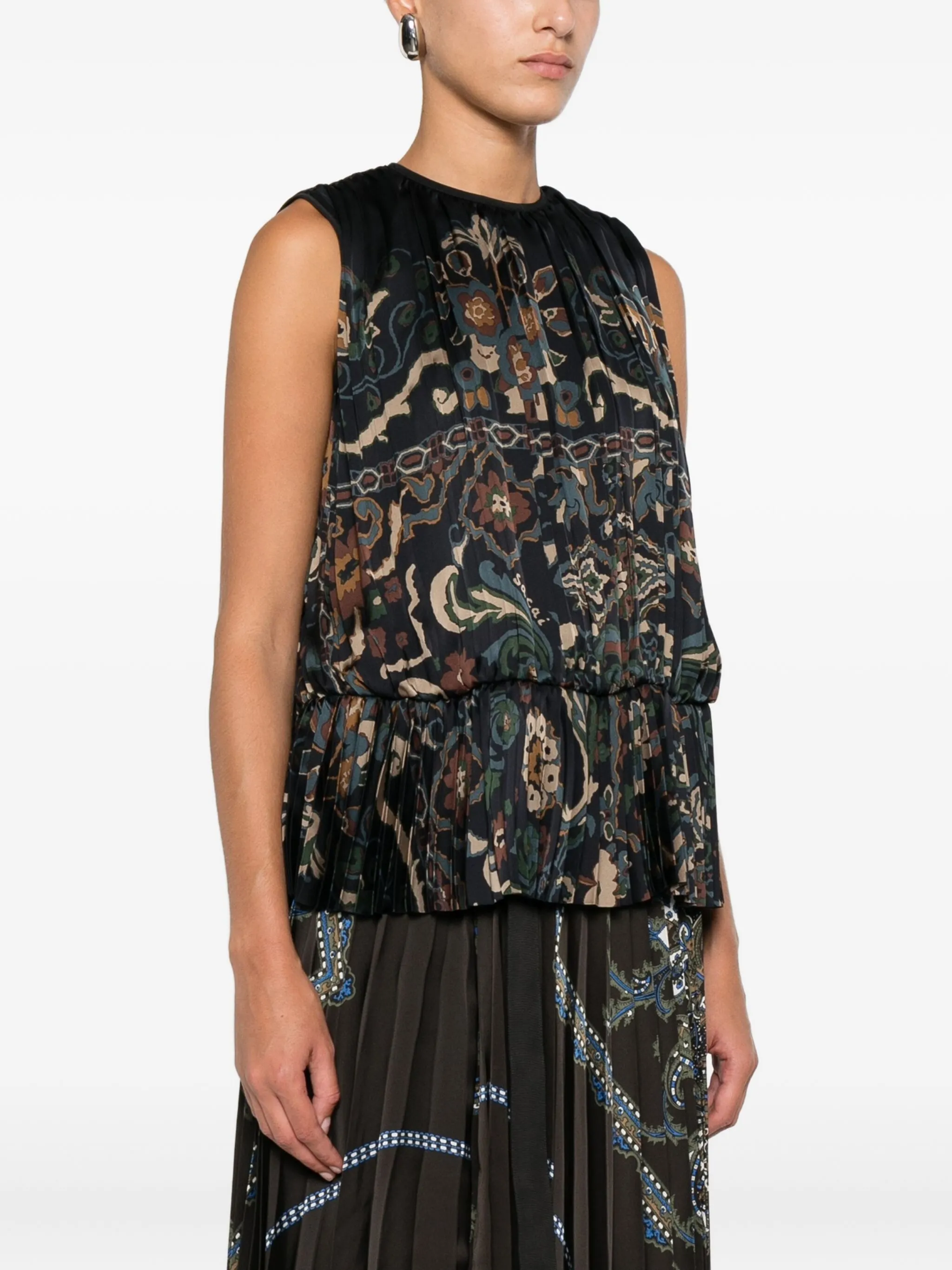 Sacai Pleated Top with Paisley Print Blue Women'