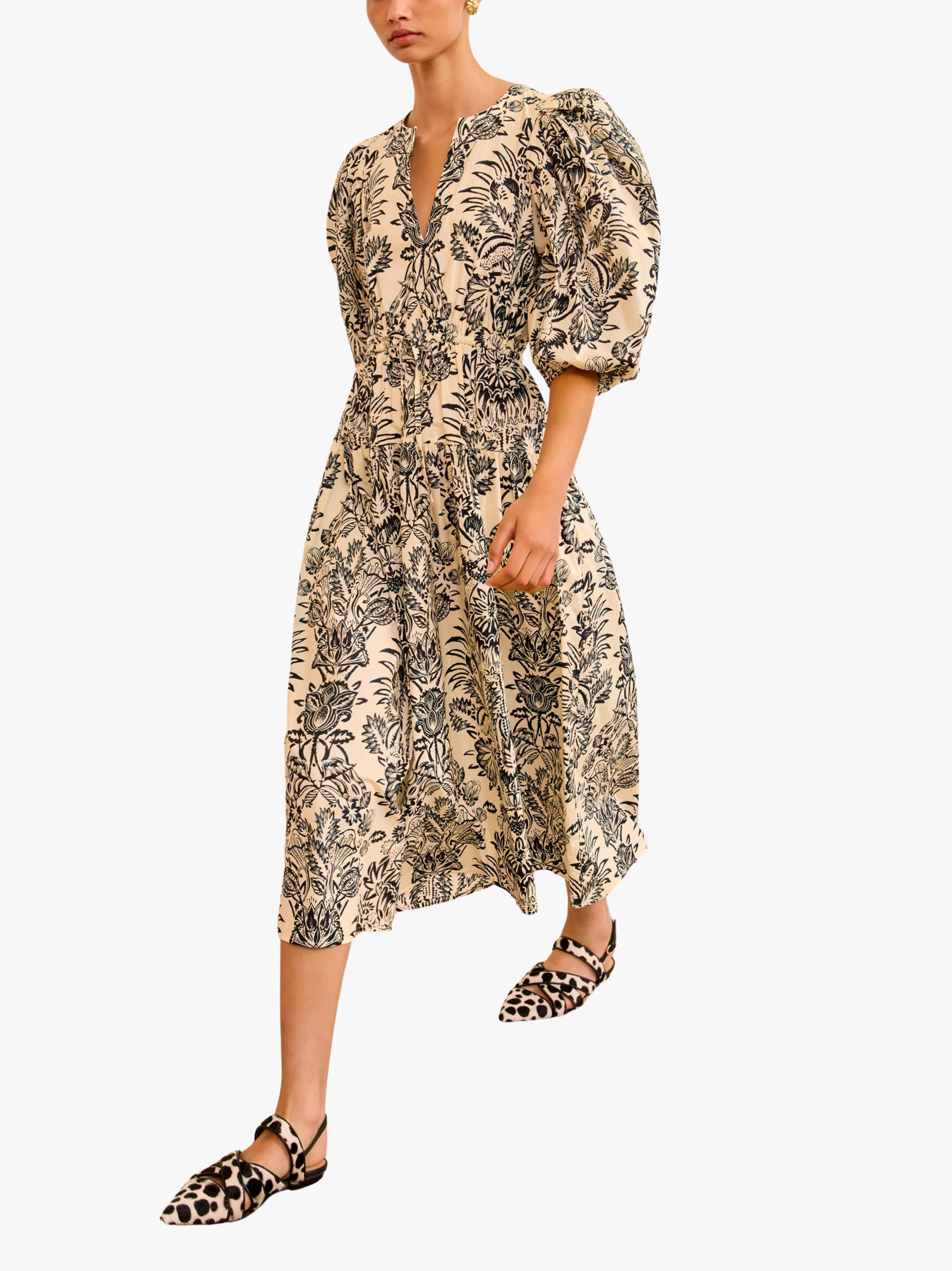 Ulla Johnson Harriet Puffärmel Midi Kleid Elfenbein Flora Damen Ulla Johnson Harriet Puffärmel Midi Kleid Elfenbein Flora Damen