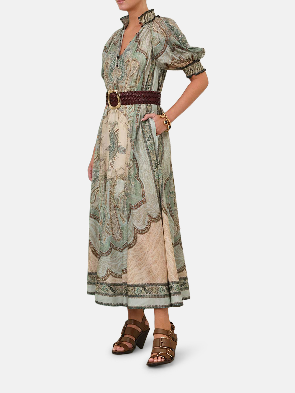 ZIMMERMANN Wanderlust Billow Silk Dress with Stand Collar Blue-Green Women