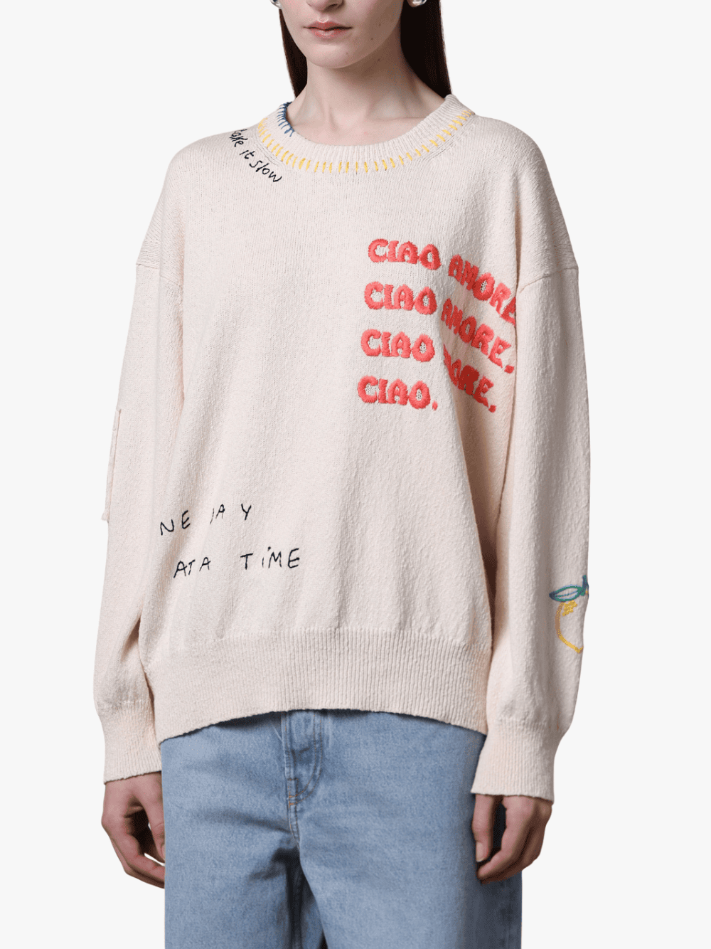 Roberto Collina Ciao Amore Embroidered Knit Sweater Natural Damenpullover