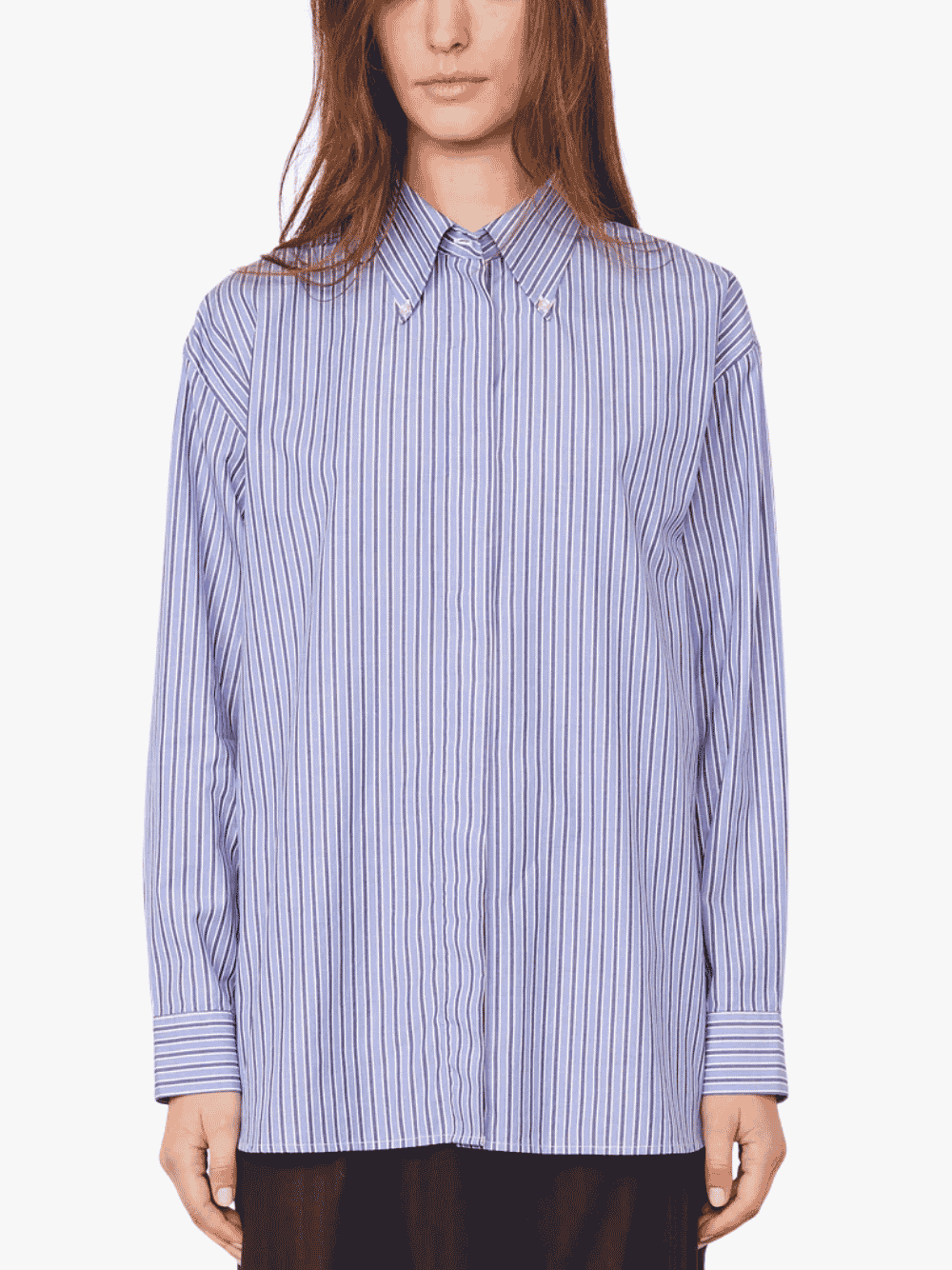 Officine Générale Yari Hemd aus Japanischer Gestreifter Baumwoll-Popeline Blau Navy Weiß Damen
