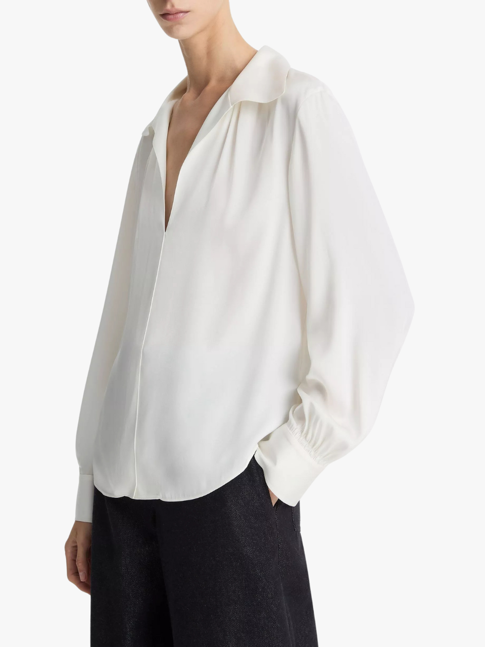 Vince Smocked Seiden-Mix Langarm Bluse Weiß Damen