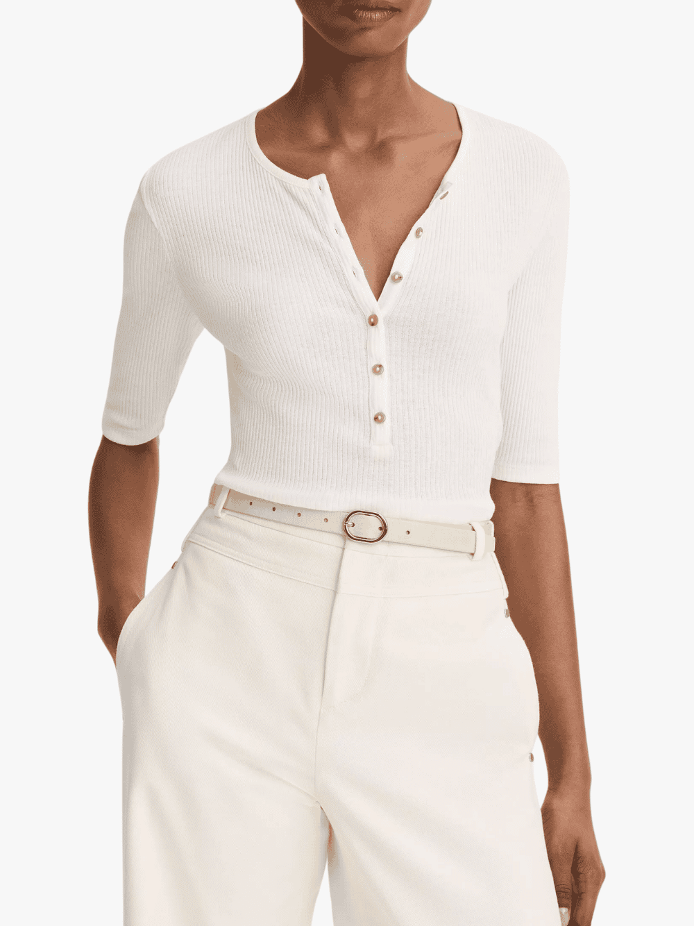 Vince Ribbed Pima Henley Biege Damen