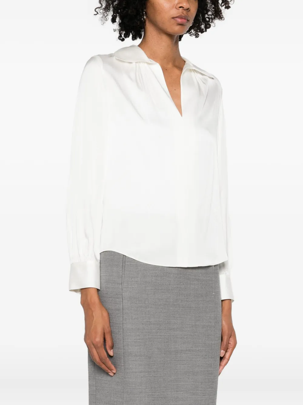 Vince Smocked Seiden-Mix Langarm Bluse Weiß Damen