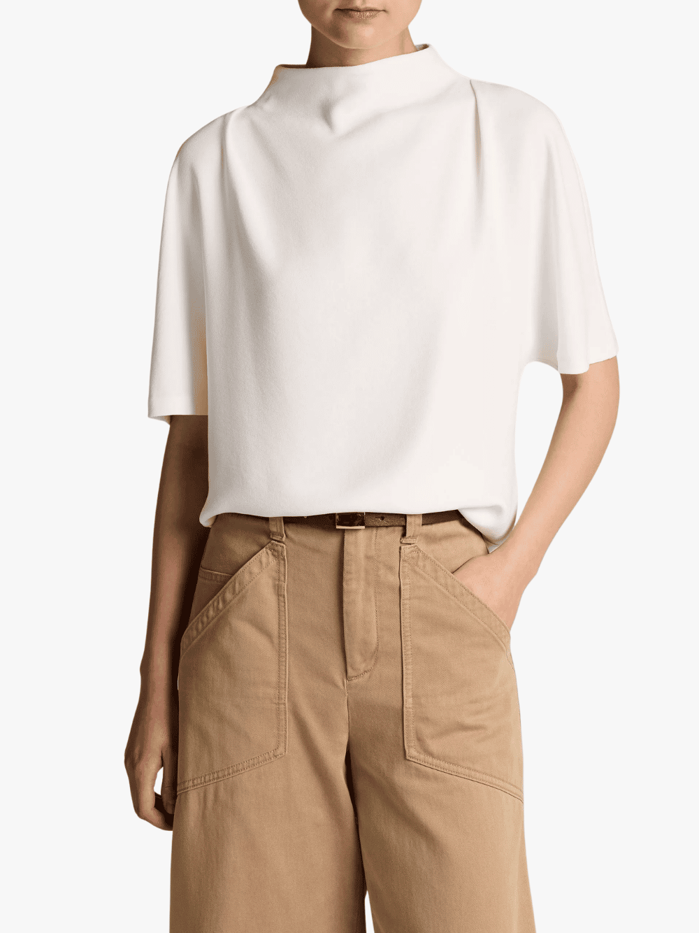 Vince Draped Crepe Funnel-Neck Top Off White Women