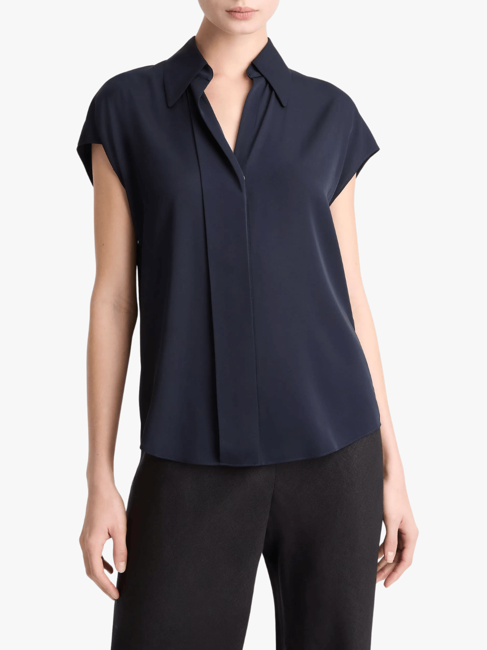 Vince Stretch Silk Short-Sleeve Blouse Dark Blue Women's