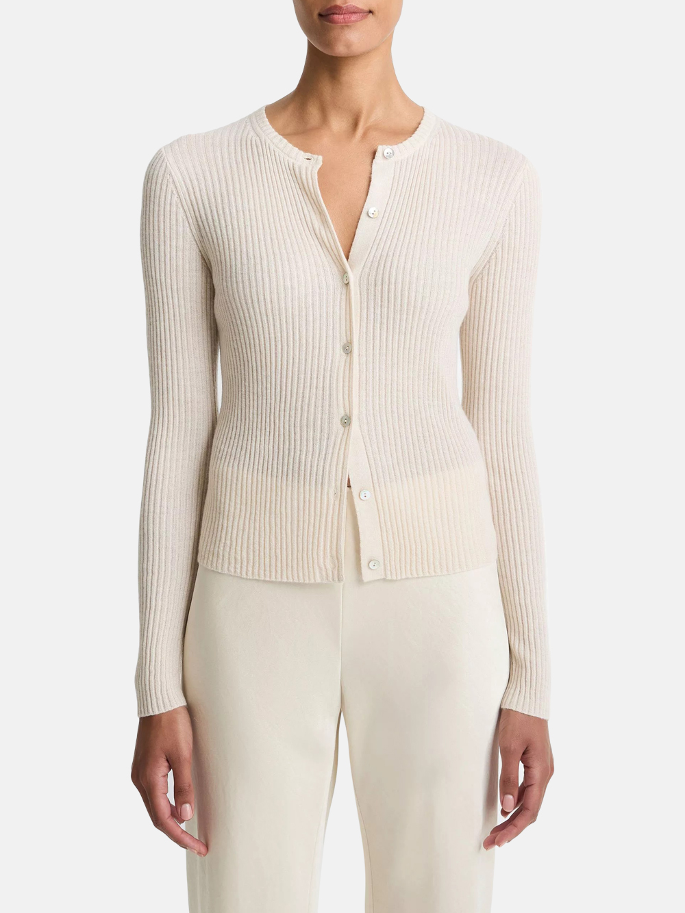 Vince Ribbed Cashmere‑Silk Cardigan Weiß‑Sand Damen
