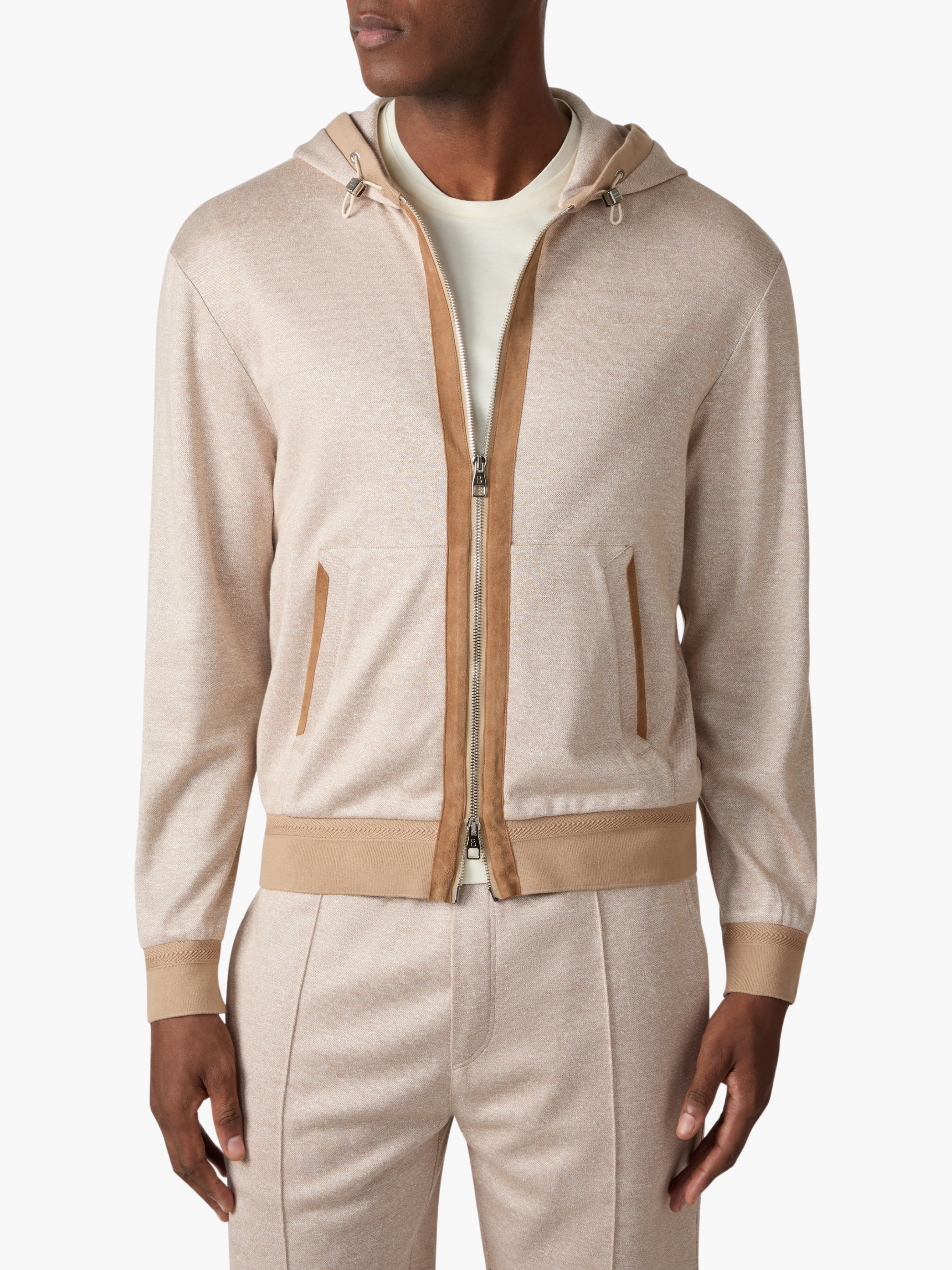 Brett Johnson Leinen-Seiden-Baumwoll-Hoodie mit Wildlederdetails CaféauLait Herren