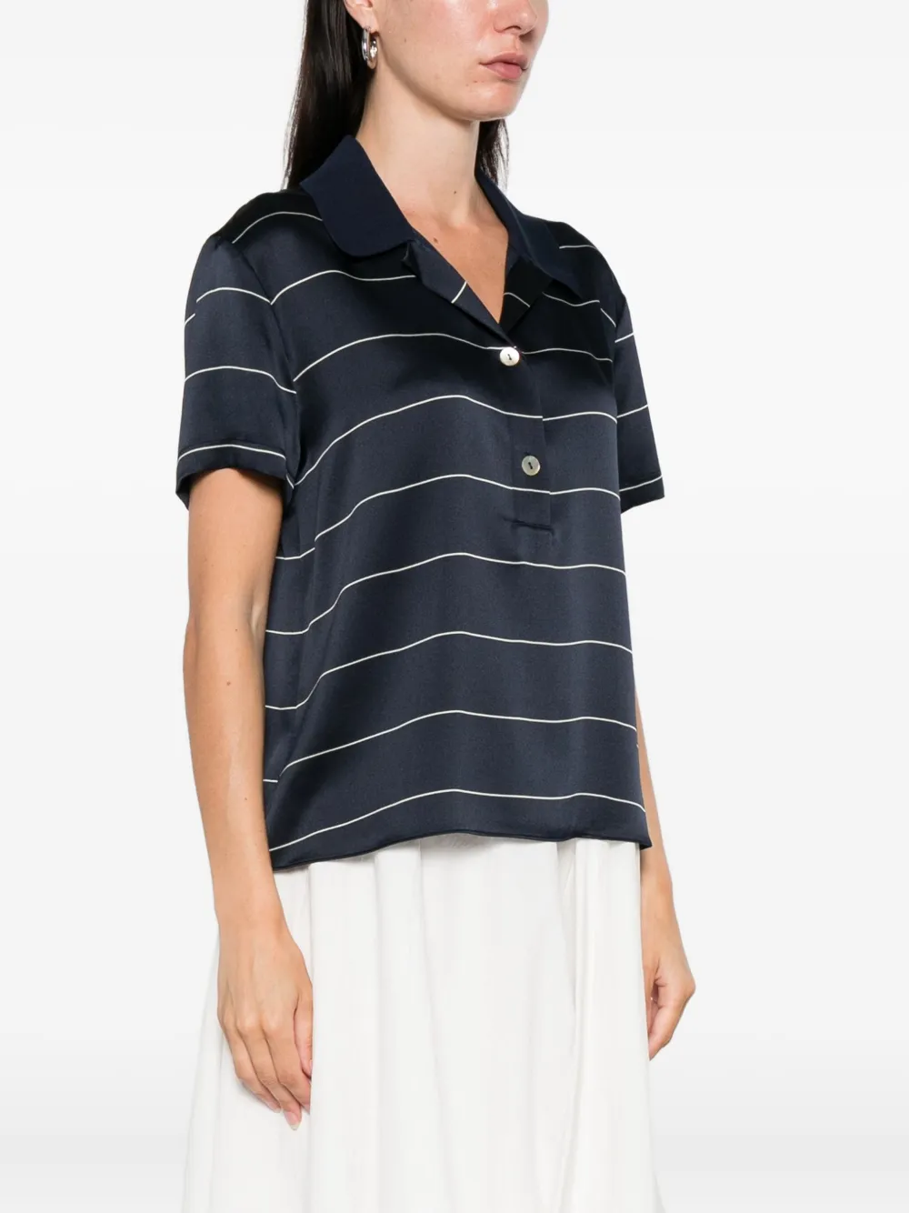 Vince Knitted collar Striped silk polo shirt Coastal Blue Women's