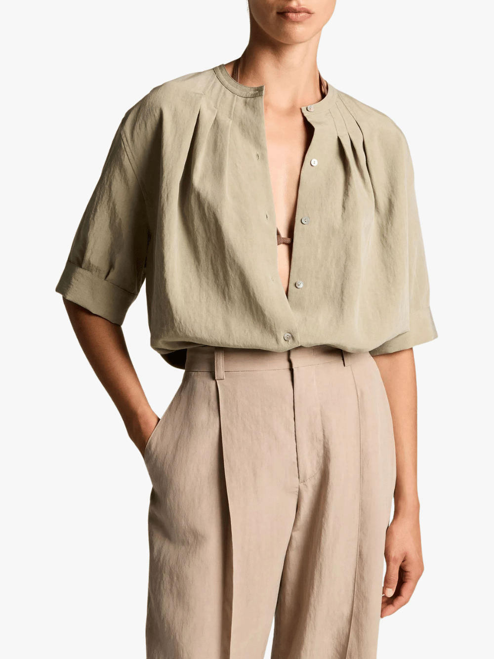 Vince Gathered A-Line Button-Front Bluse Salted Moss Damen