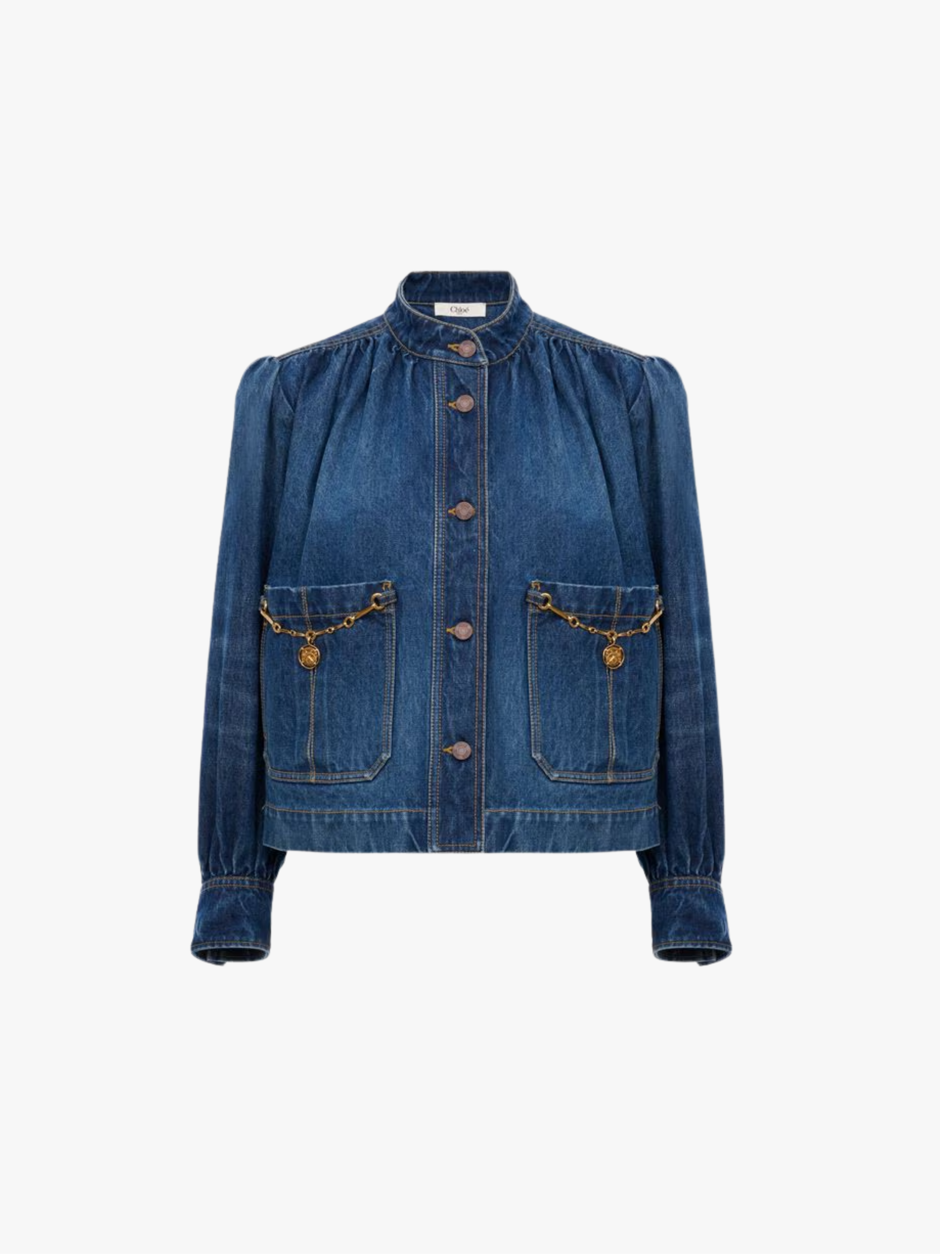 Chloé High‑Neck Gathered Denim Jacket Faded Indigo Women’s Denim Jacket