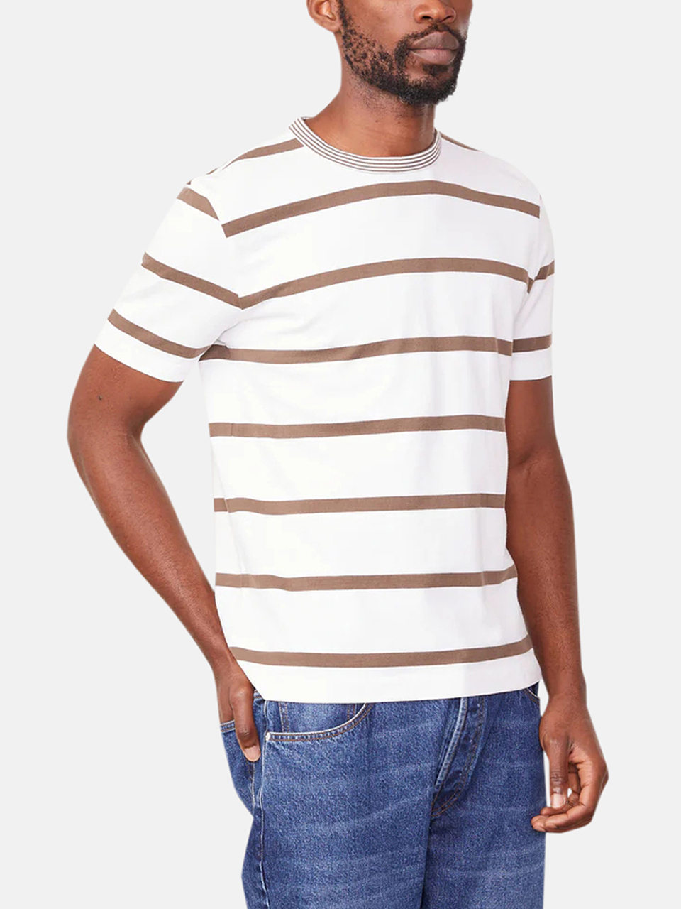 Officine Générale T-Shirt mit Streifen Weiß Braun Herren Officine Générale T-Shirt mit Streifen Weiß Braun Herren