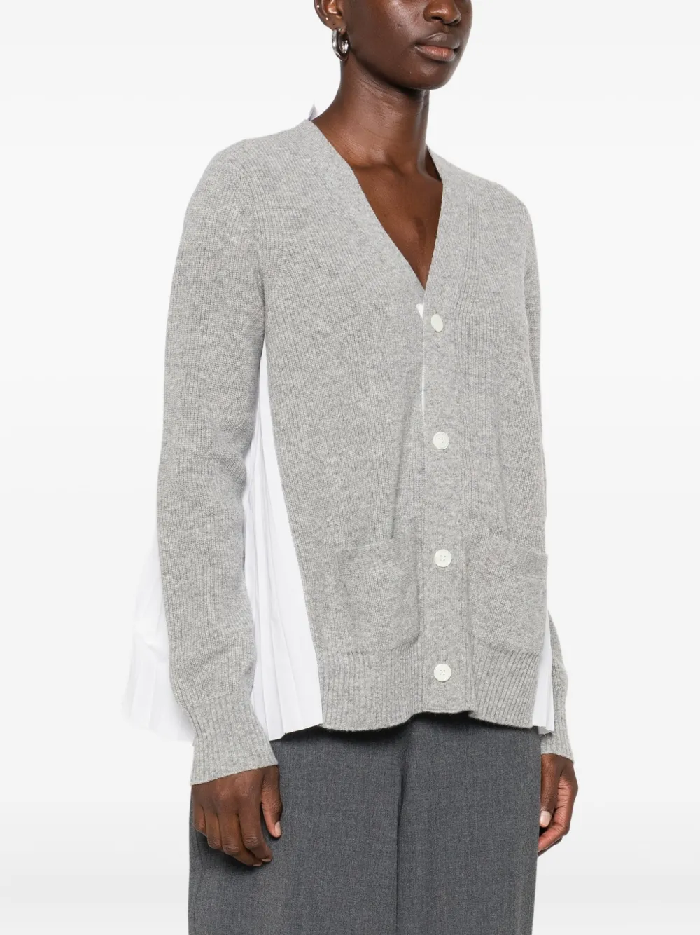 Sacai Buttoned Cardigan with Pleated Detail Gray Women Sacai Buttoned Cardigan with Pleated Detail Gray Women