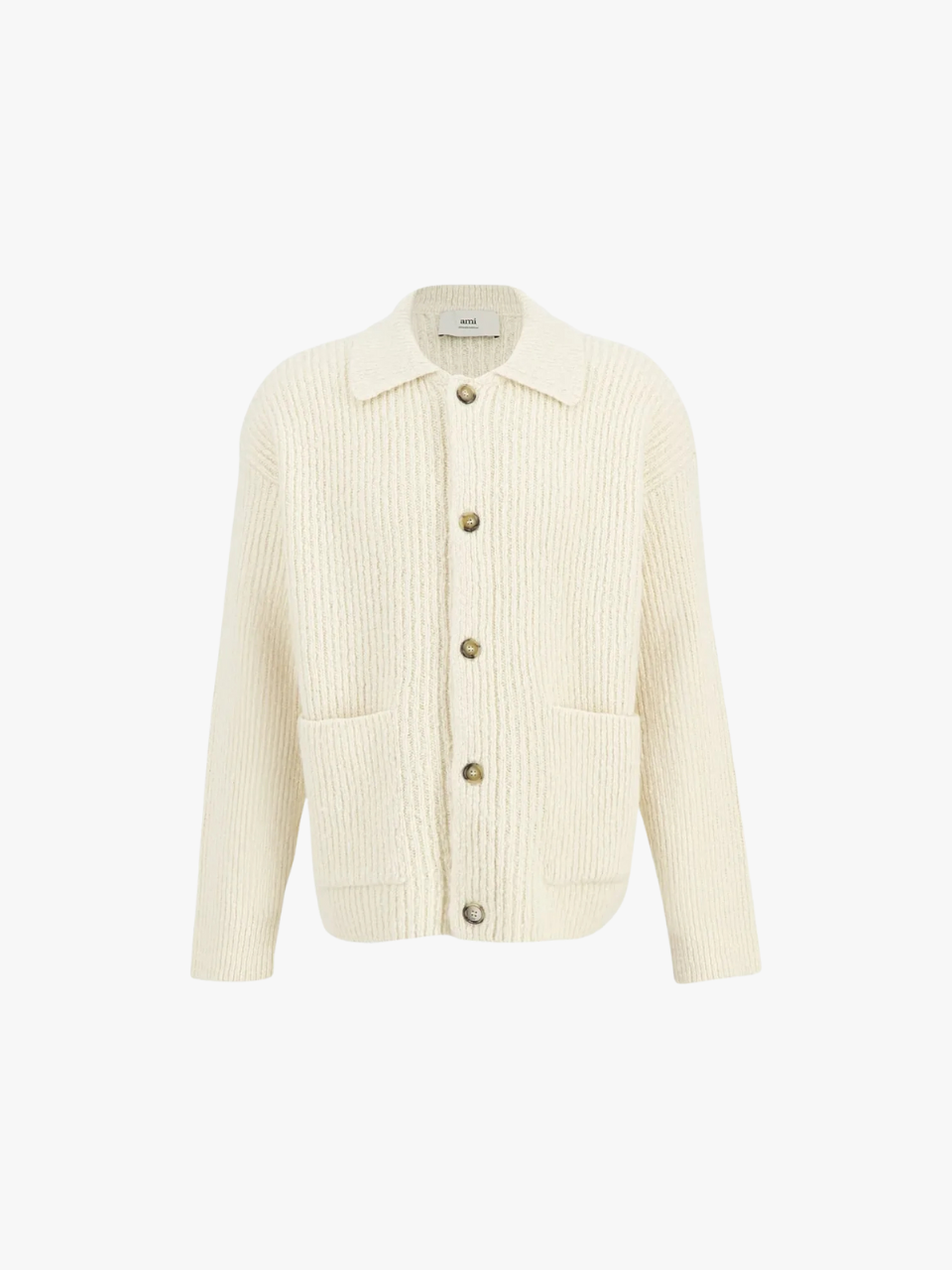 Ami Paris Strickjacke mit geripptem Kragen Elfenbeinfarben Herren