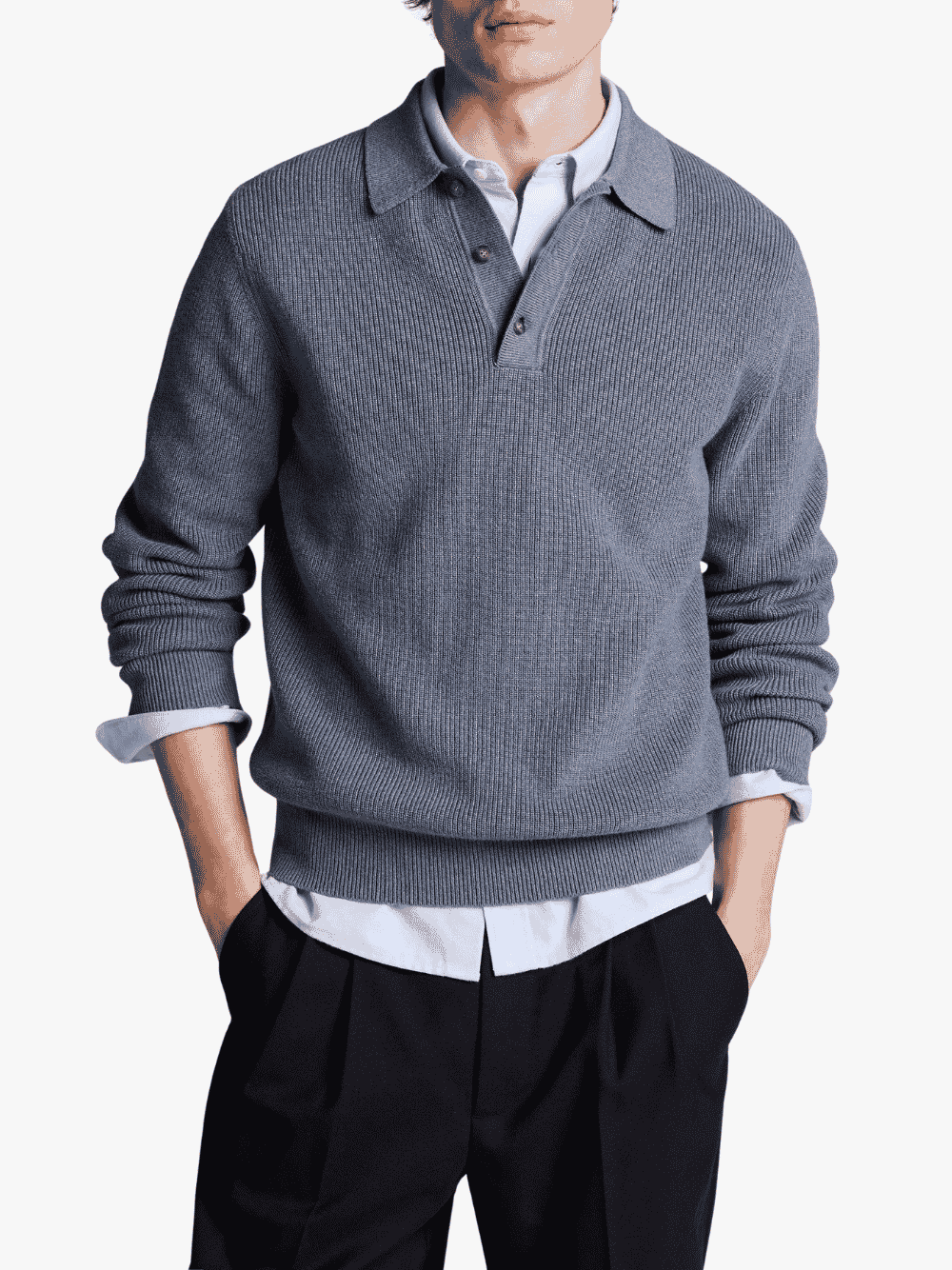 Vince Heirloom Shaker Cotton-Cashmere Polo Sweater heather late evening Herren