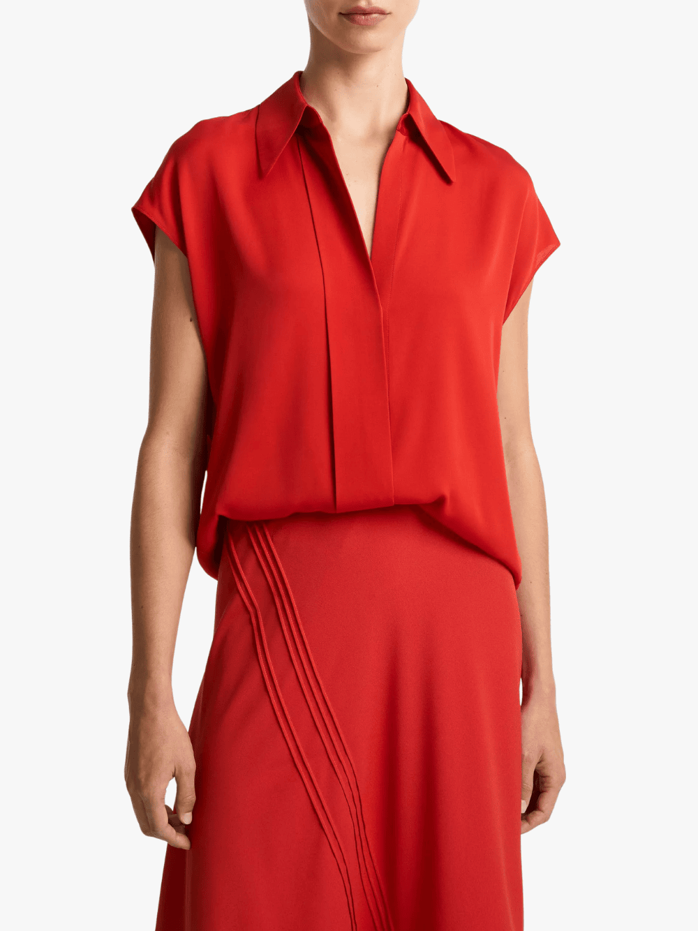 Vince Stretch Silk Short-Sleeve Blouse Red Women's