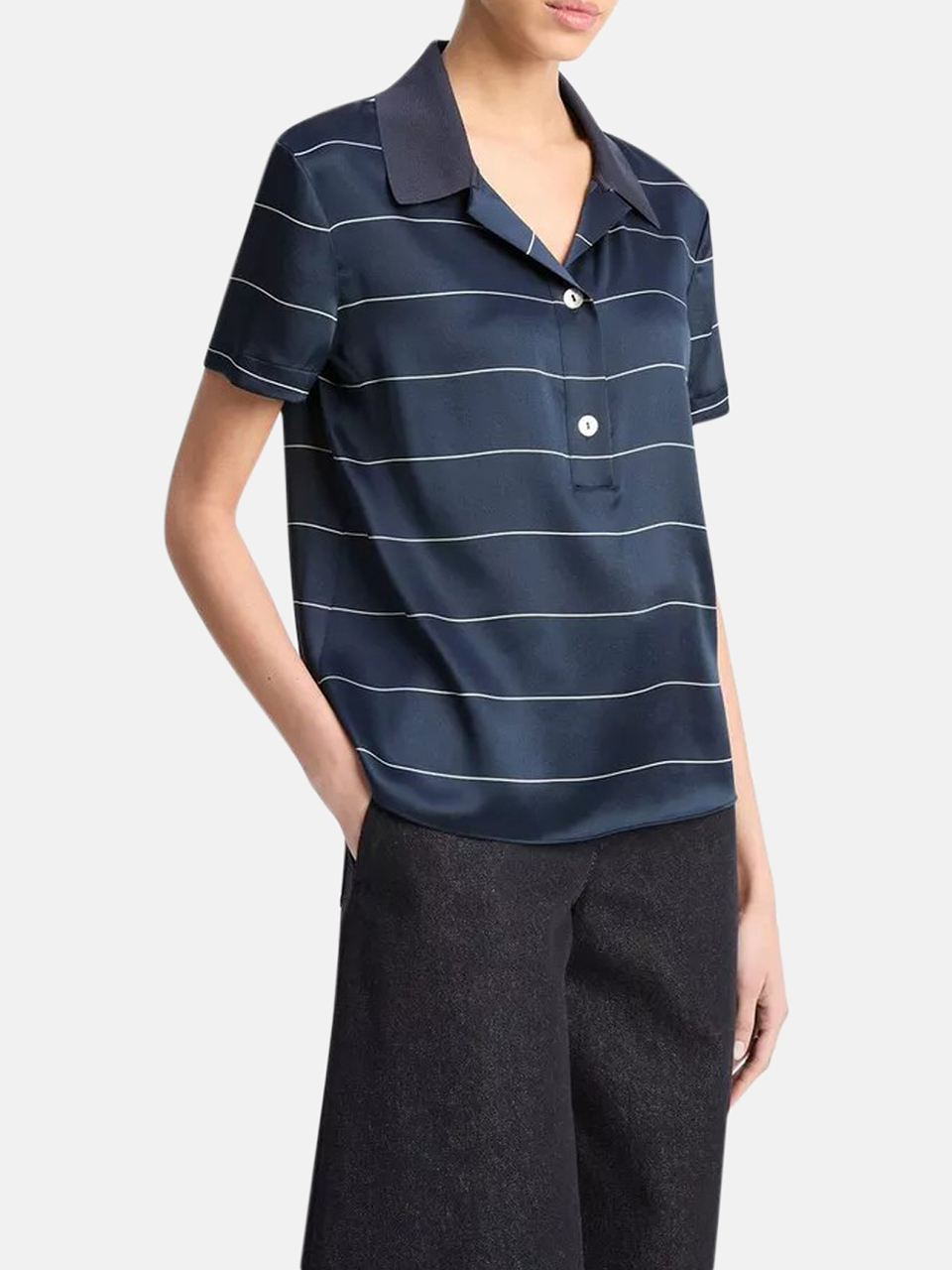 Vince Gestrickter Kragen Gestreiftes Polohemd aus Seide Coastal Blue Damen