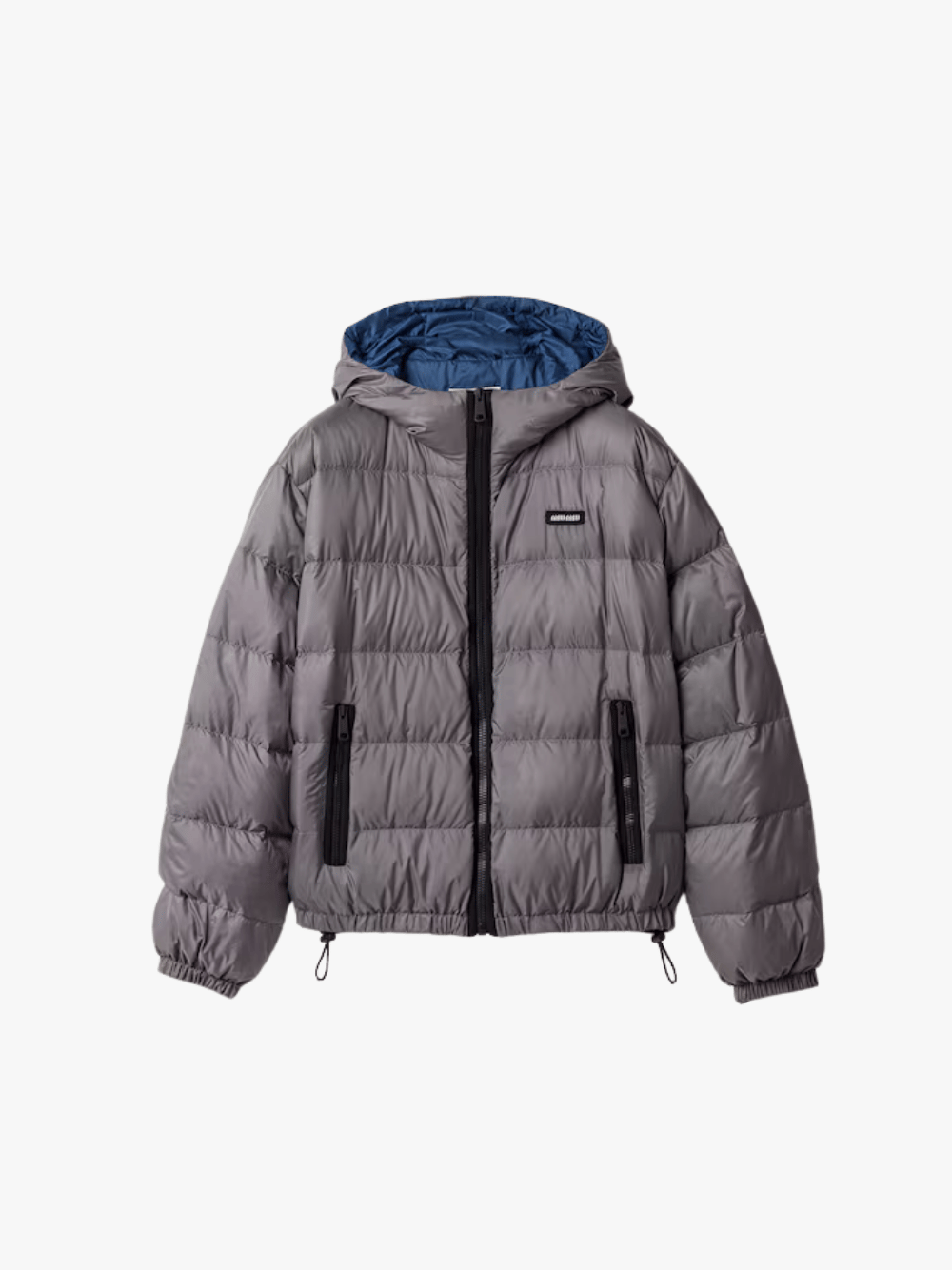 Miu Miu Daunenjacke mit Kapuze aus leichtem Pongé Steel Grey Damen