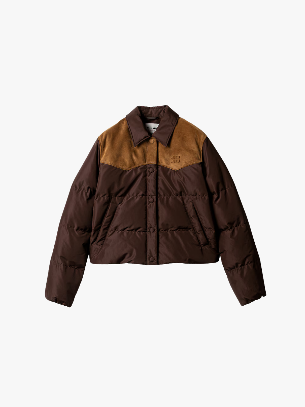 Miu Miu Technical Pongee und Leder Daunenjacke Kaffebraun Damen