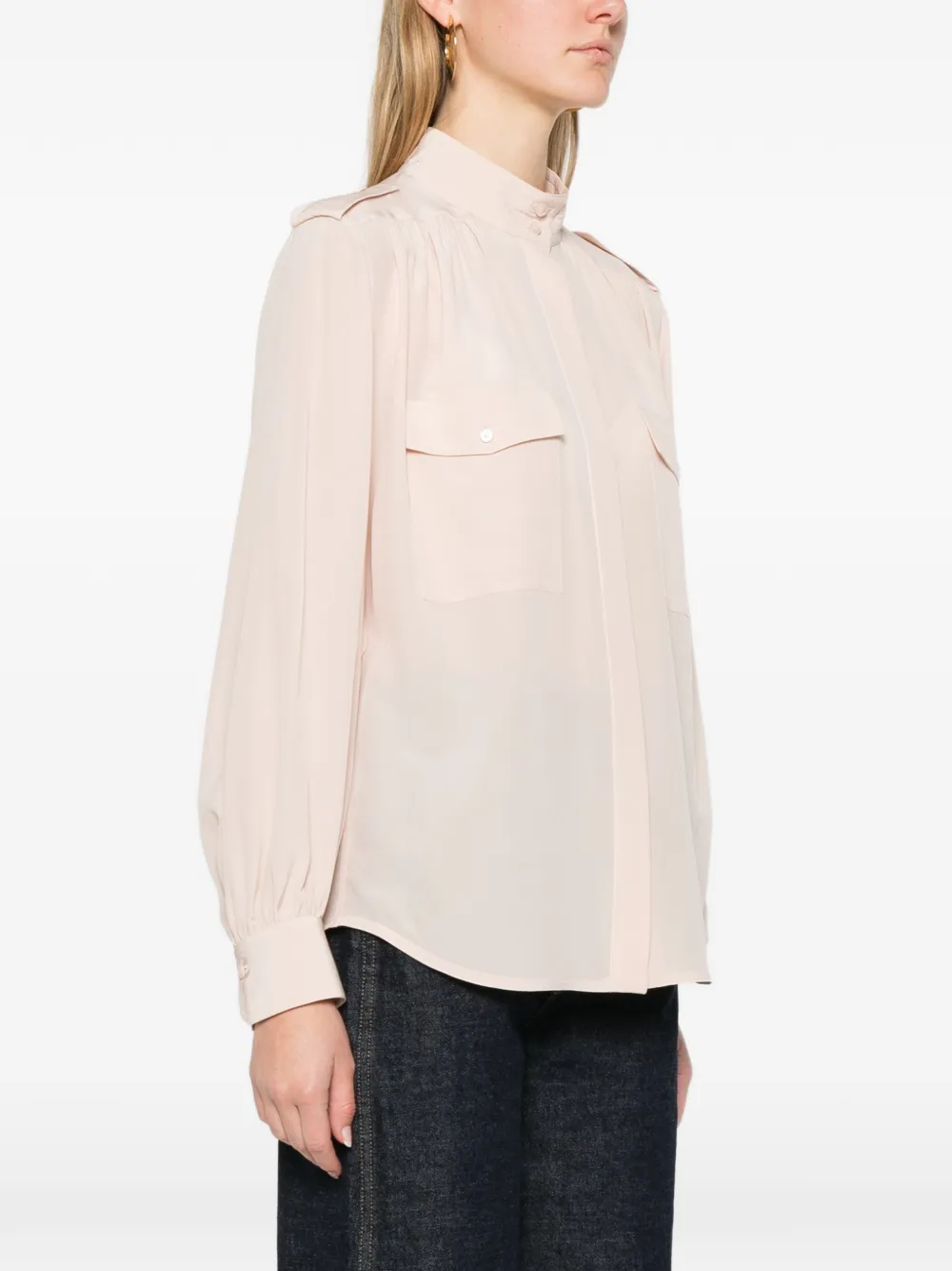 Chloé Hochgeschlossene Geraffte Seidenbluse Delicate Pink Damen