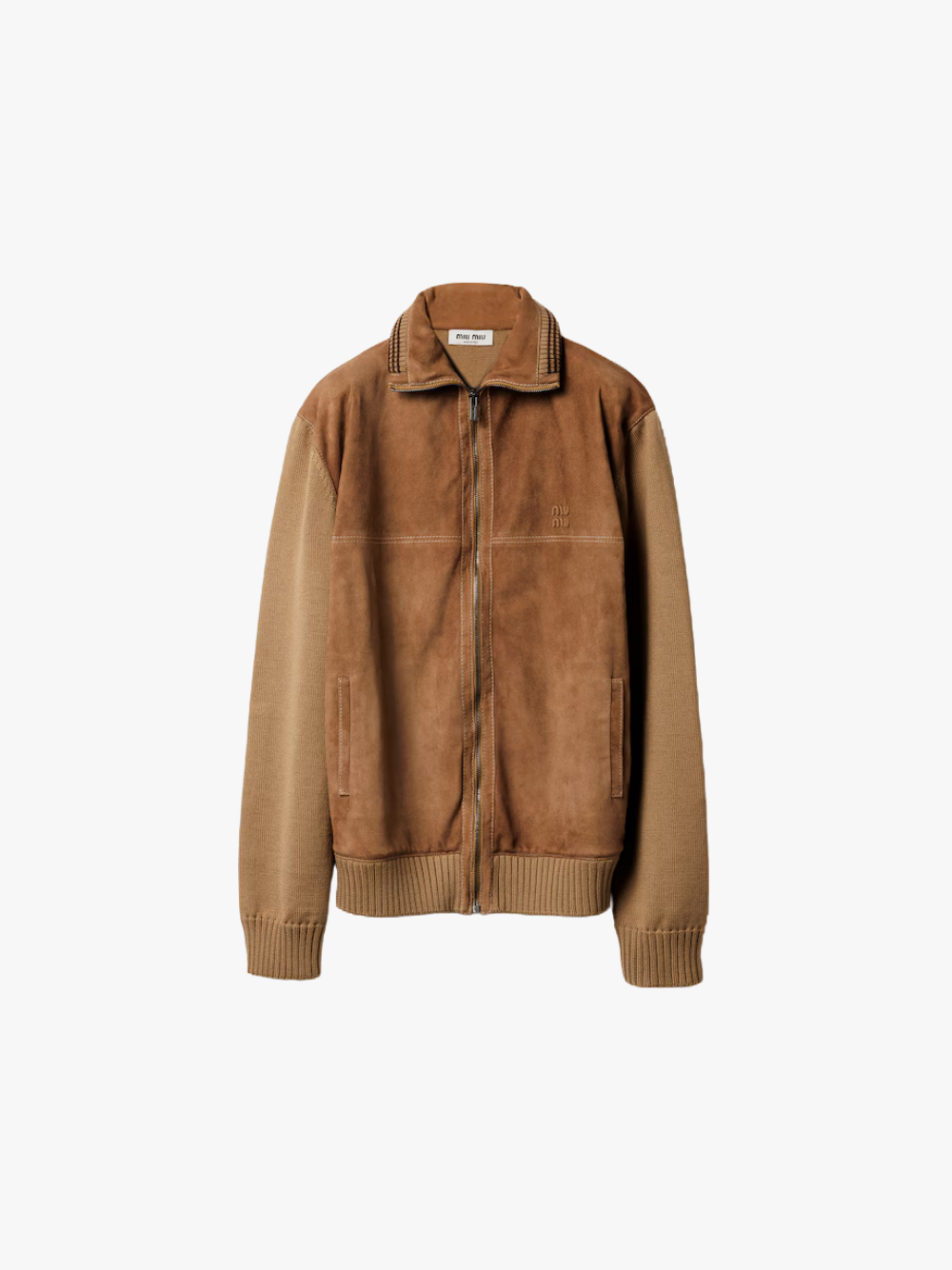 Miu Miu Wool and Leather Zipper Cardigan Camel/Cinnamon Damen