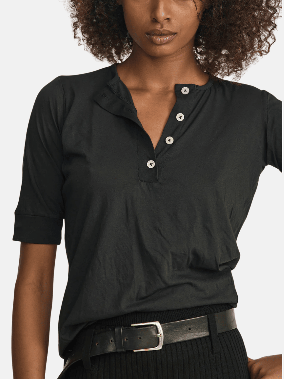 All Three Studio Gaia Henley ¾ Sleeve Baumwolle Schwarz Damen