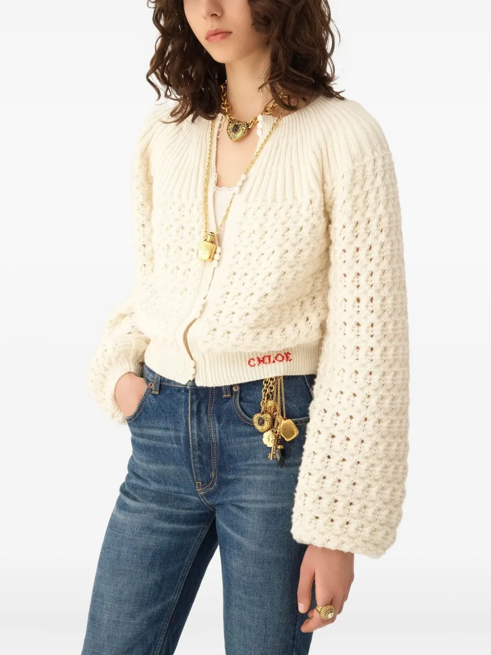 Chloé Offener Cardigan mit Ballonärmeln Naturweiß Damen