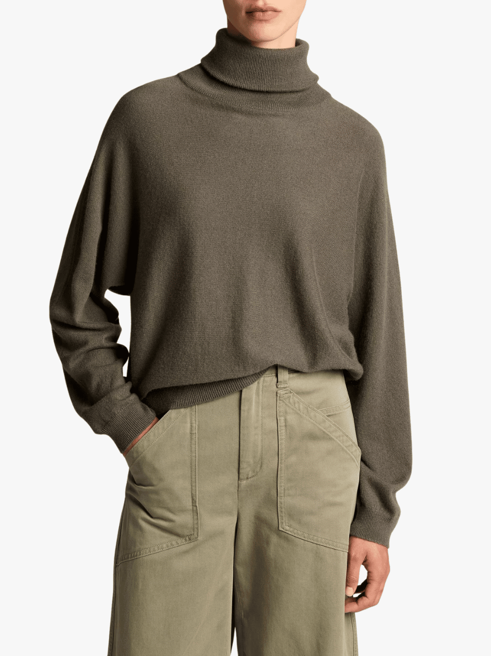 Vince Wool-Cashmere Dolman-Sleeve Turtleneck Sweater Rosemary Khaki Women