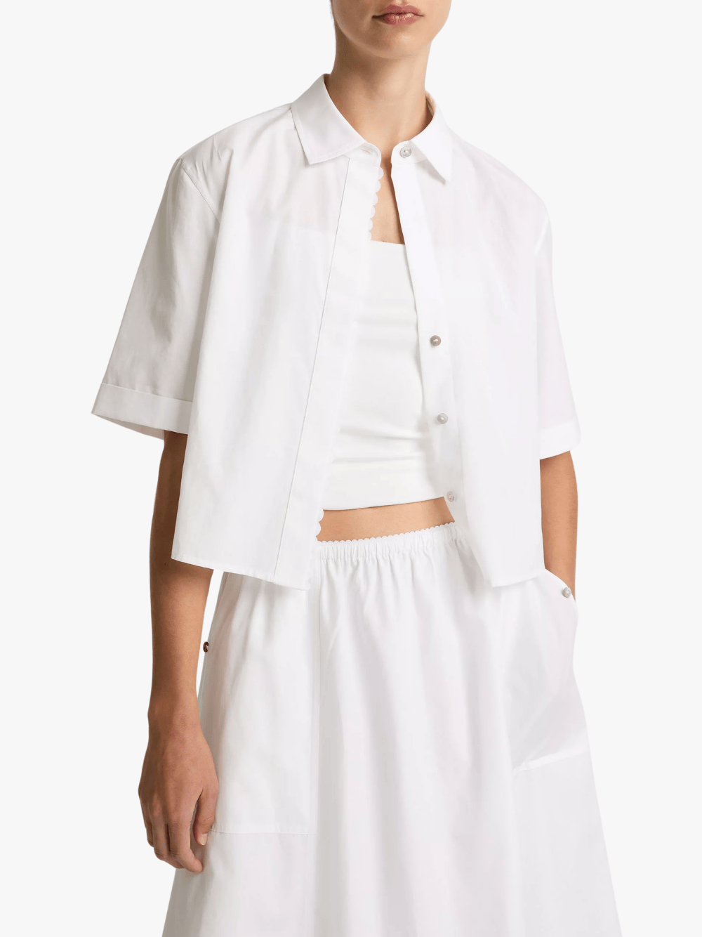 Vince Cotton Blouse with Scallop Detail and Button Placket White Women's