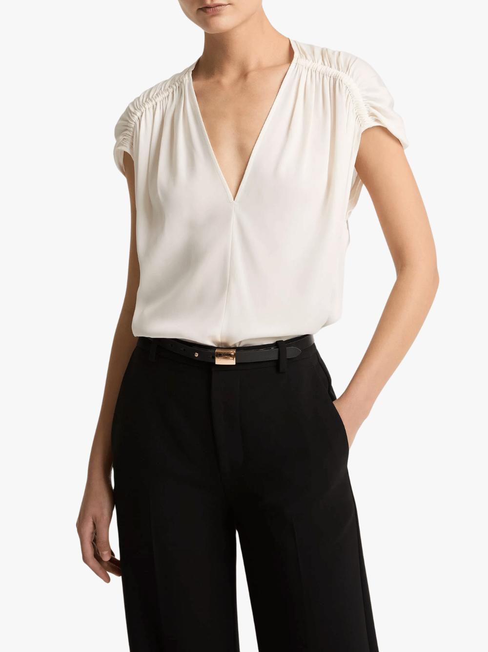 Vince Stretch-Silk Gathered Cap-Sleeve Blouse Off White Damen