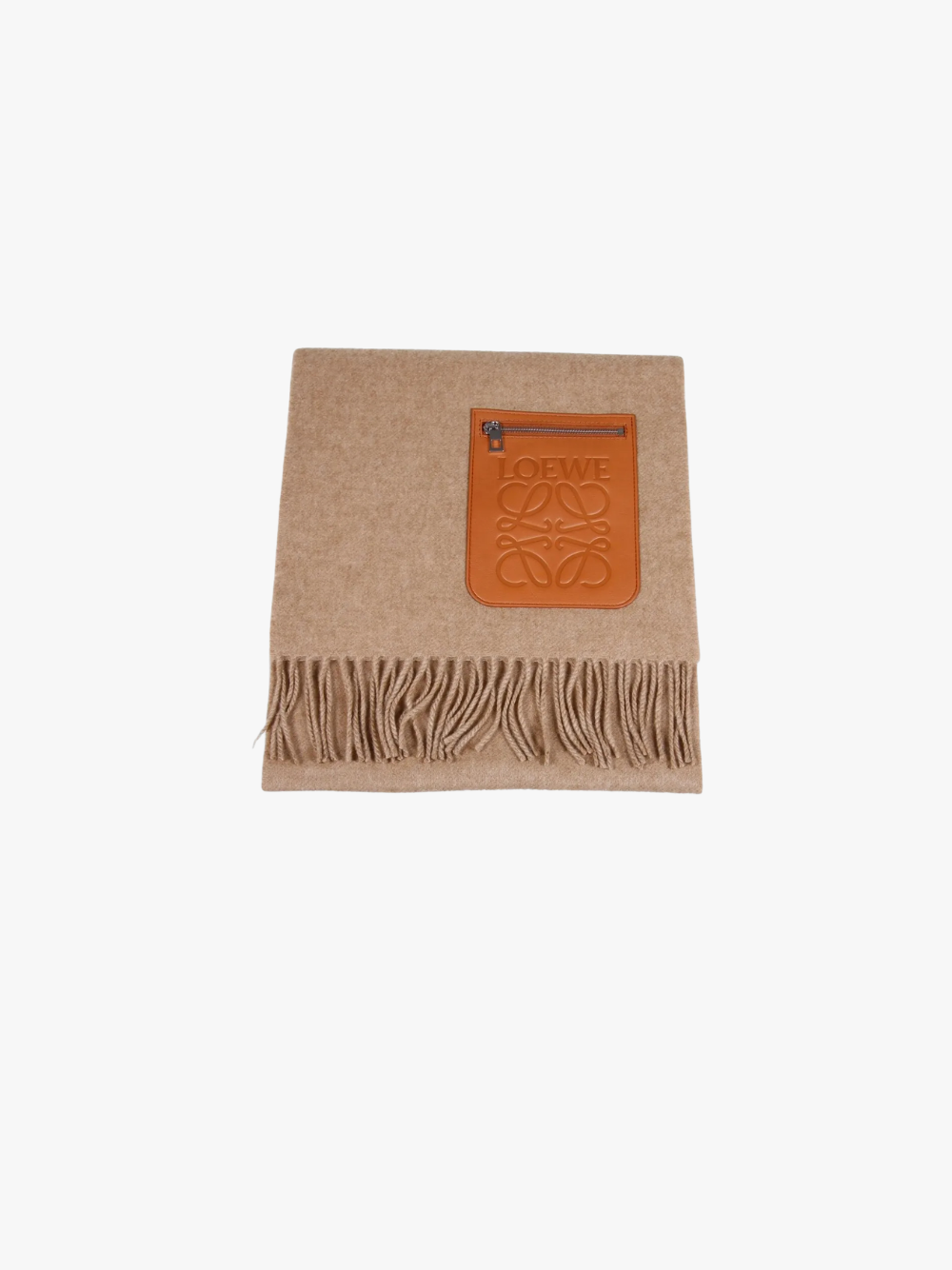 LOEWE Fransenschal mit Leder-Patch Beige Damen