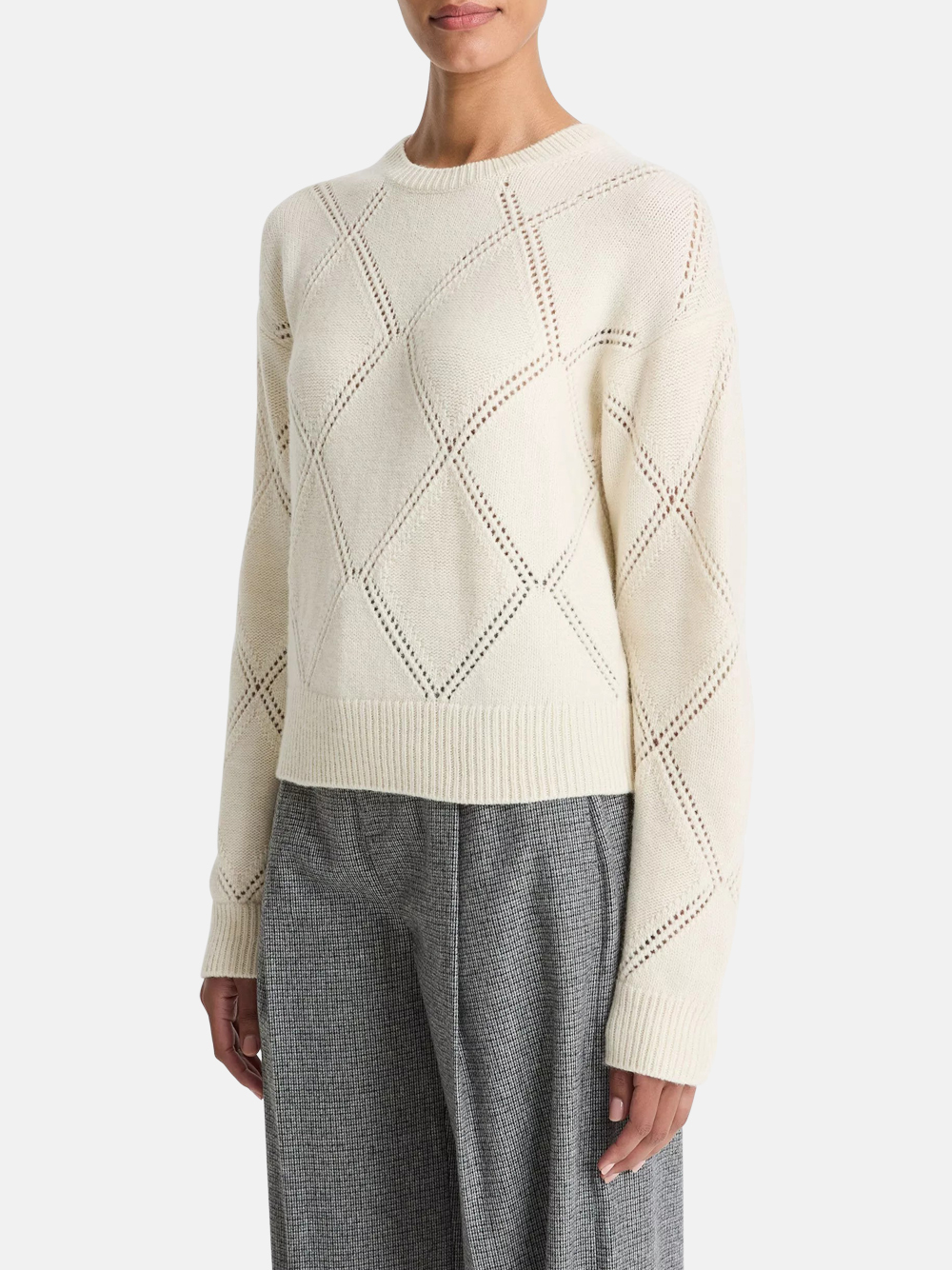 Vince Strukturierter Argyle-Pullover aus italienischer Wolle Creme Weiß Damen