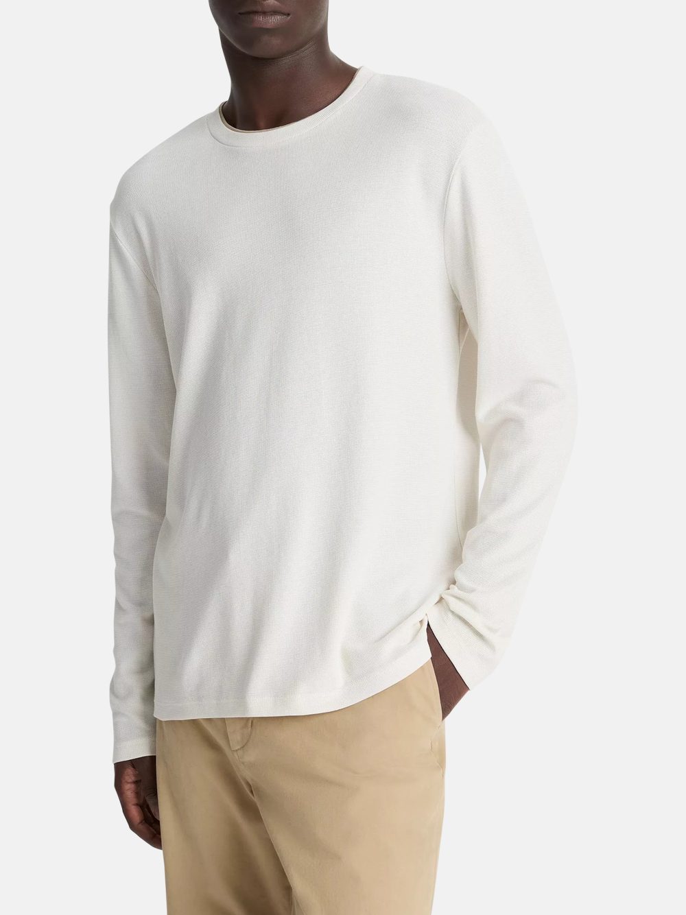 Vince Micro-Waffle Pima Cotton Double-Collar Long-Sleeve T-Shirt White Men