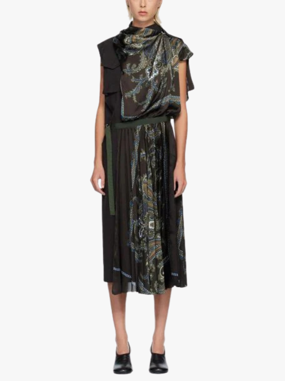 Sacai Suiting & Paisley Print Midi Kleid Schwarz Damen