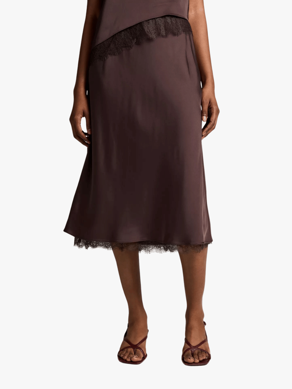 Vince Satin Slip Rock mit Spitzenbesatz Iron Braun Damen