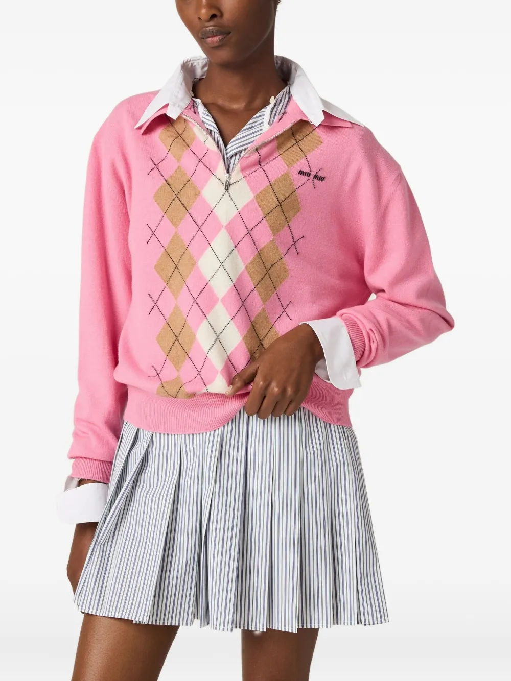 Miu Miu Halb-Reißverschluss-Pullover mit Argyle-Intarsienstrick Pink Damen