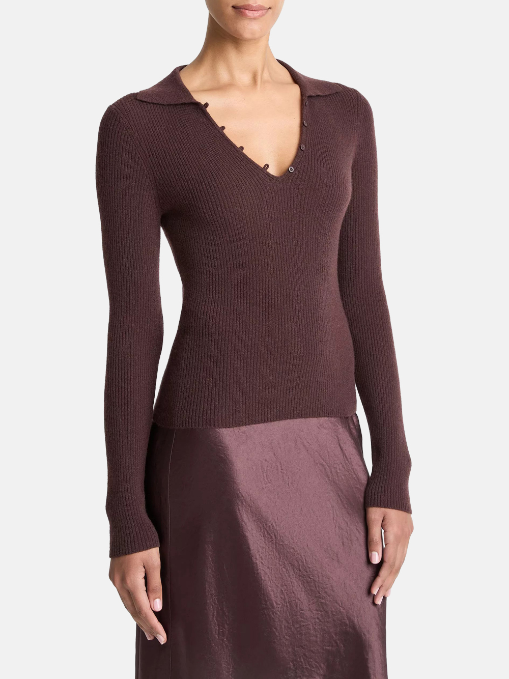 Vince Ribbed Cashmere-Silk Polo Sweater Fig Damen