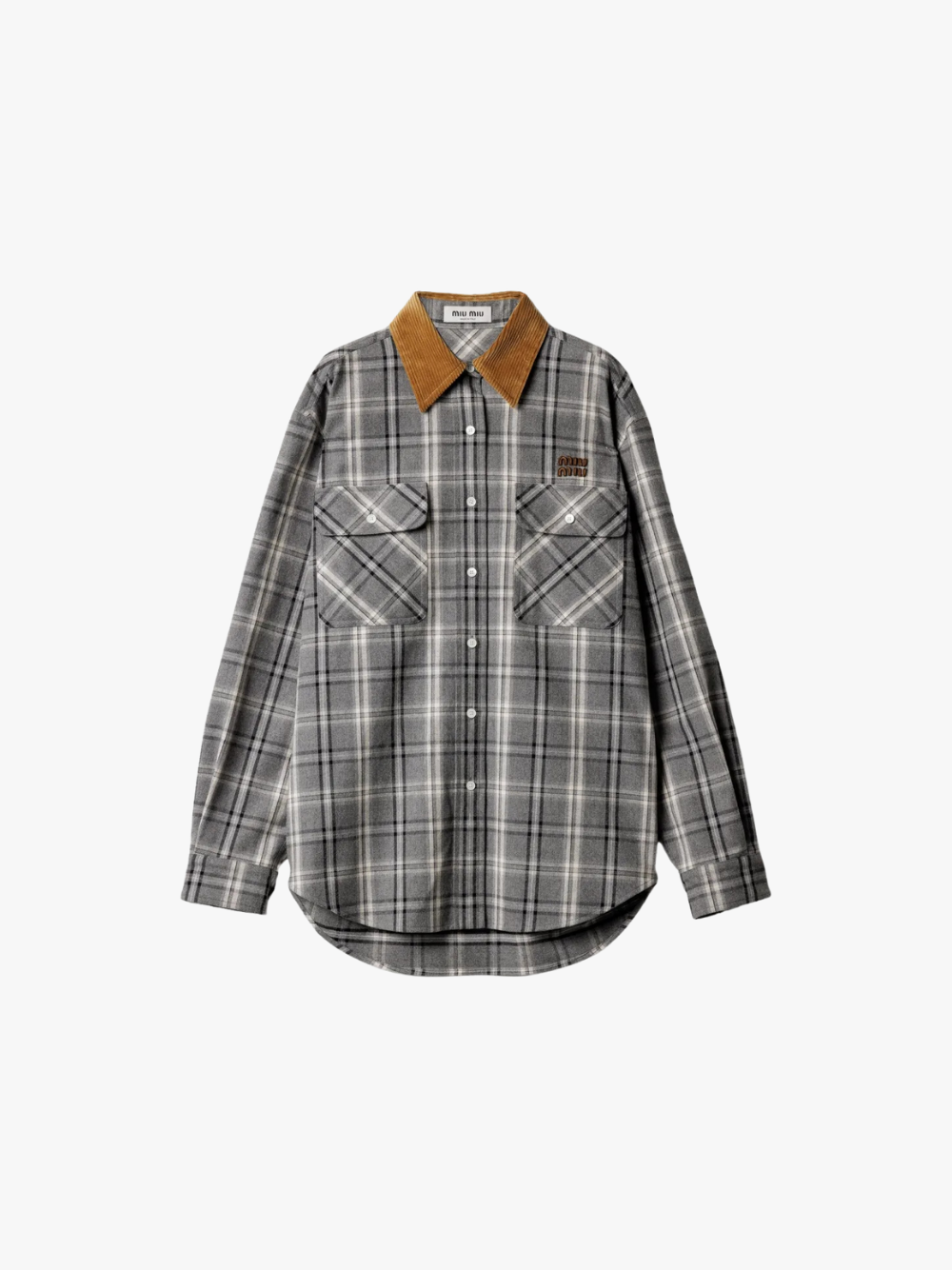 Miu Miu Flannel Shirt with Corduroy Collar Gray Women