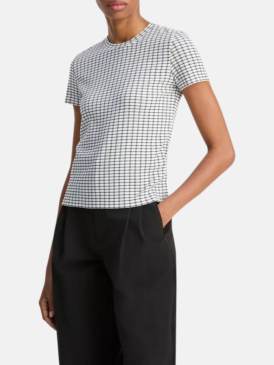 Vince Kariertes gesmoktes T-Shirt  Schwarz Damen