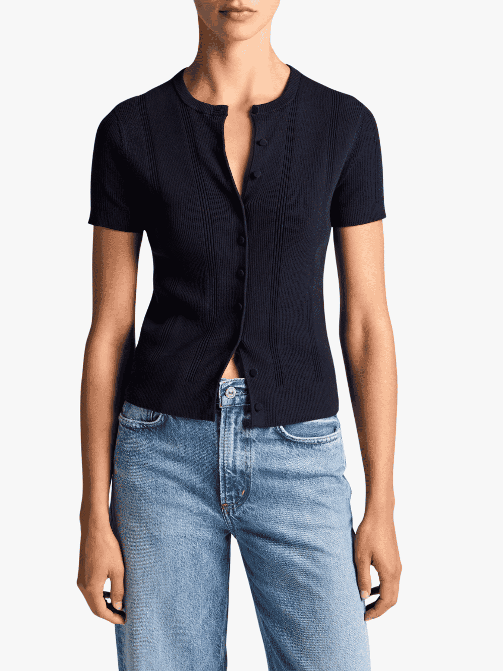 Vince Ribbed Cotton Short Sleeve Cardigan Ink Damen