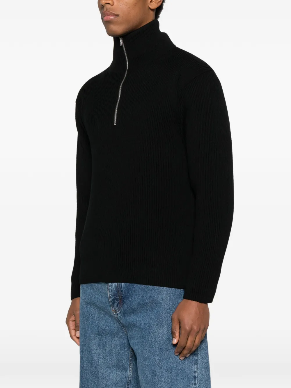 Batoner gerippter Strickpullover mit Reißverschluss Schwarz Herren