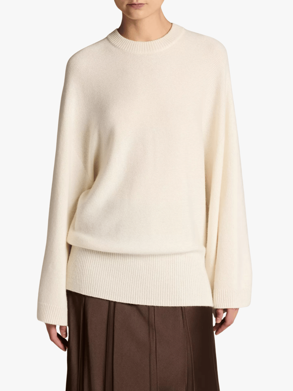 Vince Wool-Cashmere Wide-Sleeve Crew Neck Sweater Off White Women