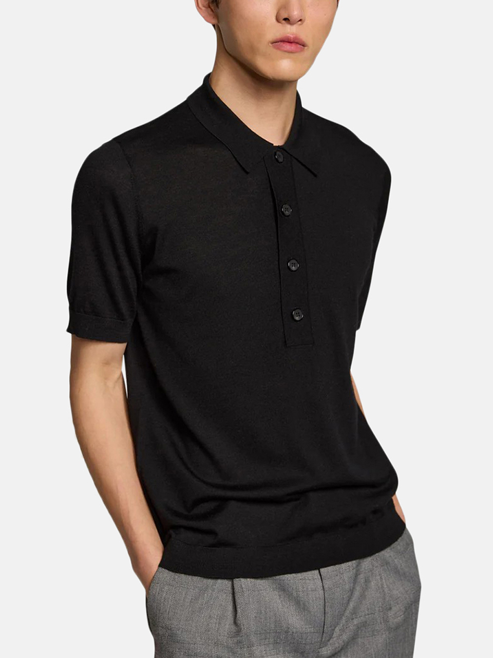 Kiefermann Ortwin Short-Sleeved Knitted Polo Shirt in Merino Wool Black Men