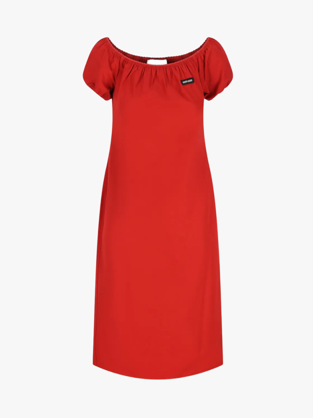 Miu Miu Midi dress with off-the-shoulder neckline and label detail Red Women