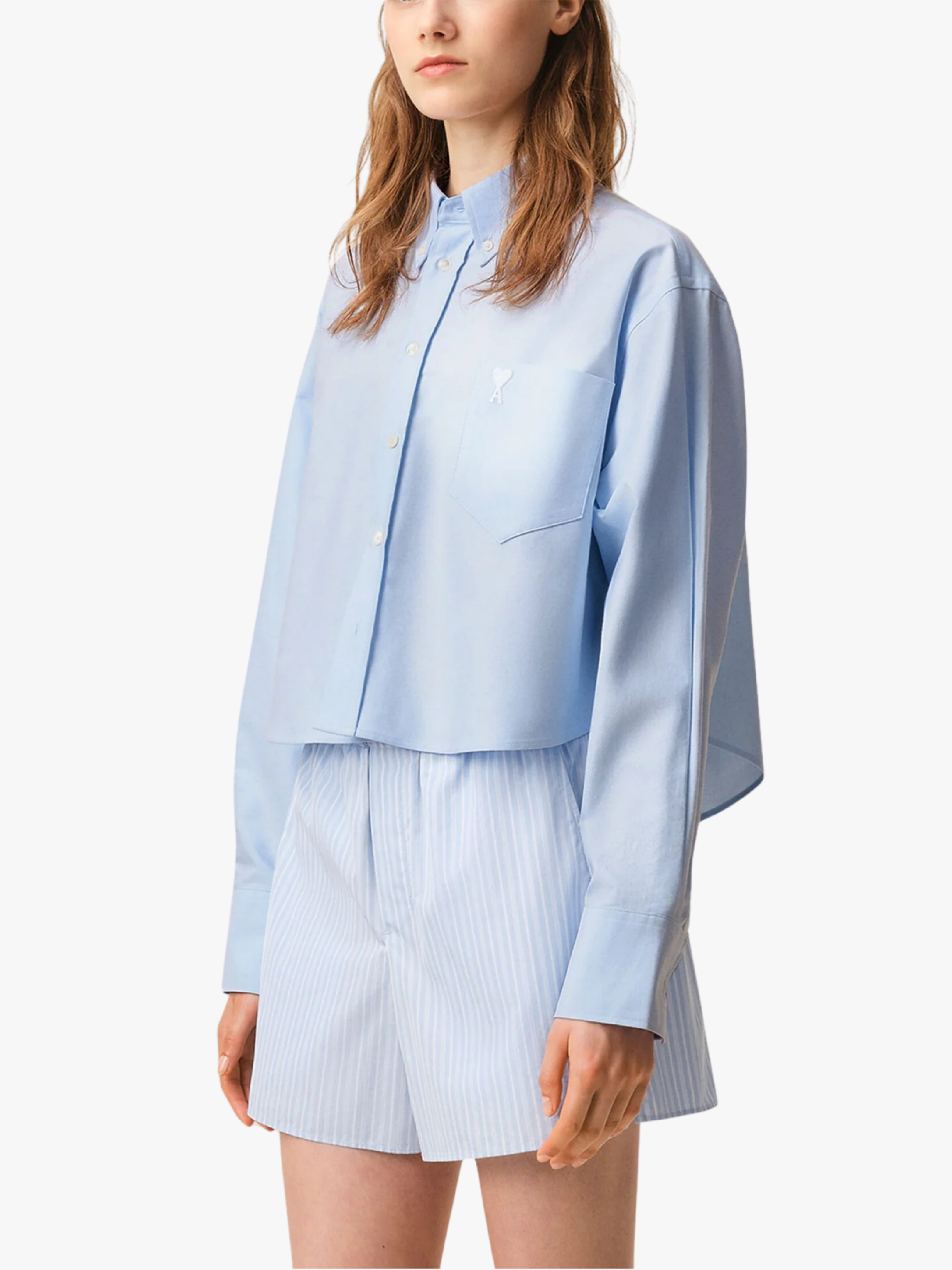Ami Paris Cotton Ami de Coeur Cropped Oversized Blouse Light Blue Women's