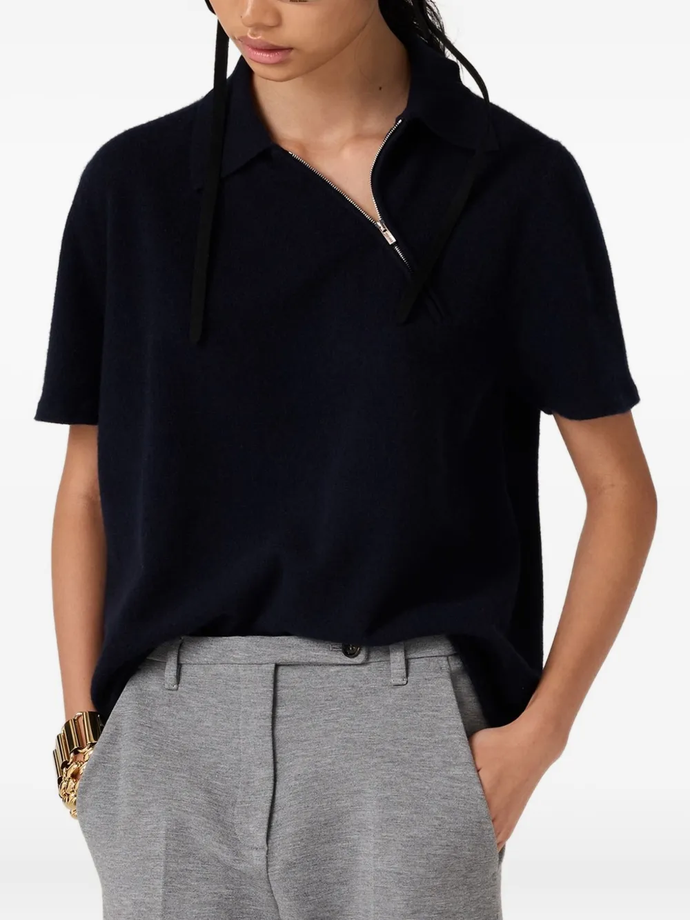 Miu Miu Geripptes Polo-Shirt mit Reißverschluss Marineblau Damen
