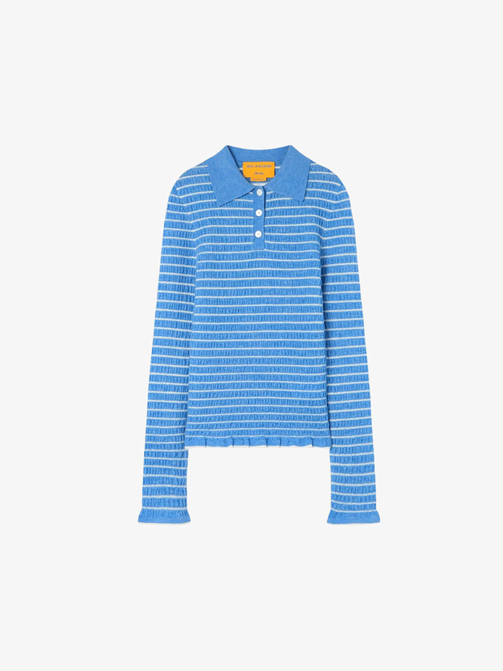 Smocked L/S Shrunken Polo, Delft Blue/Cream